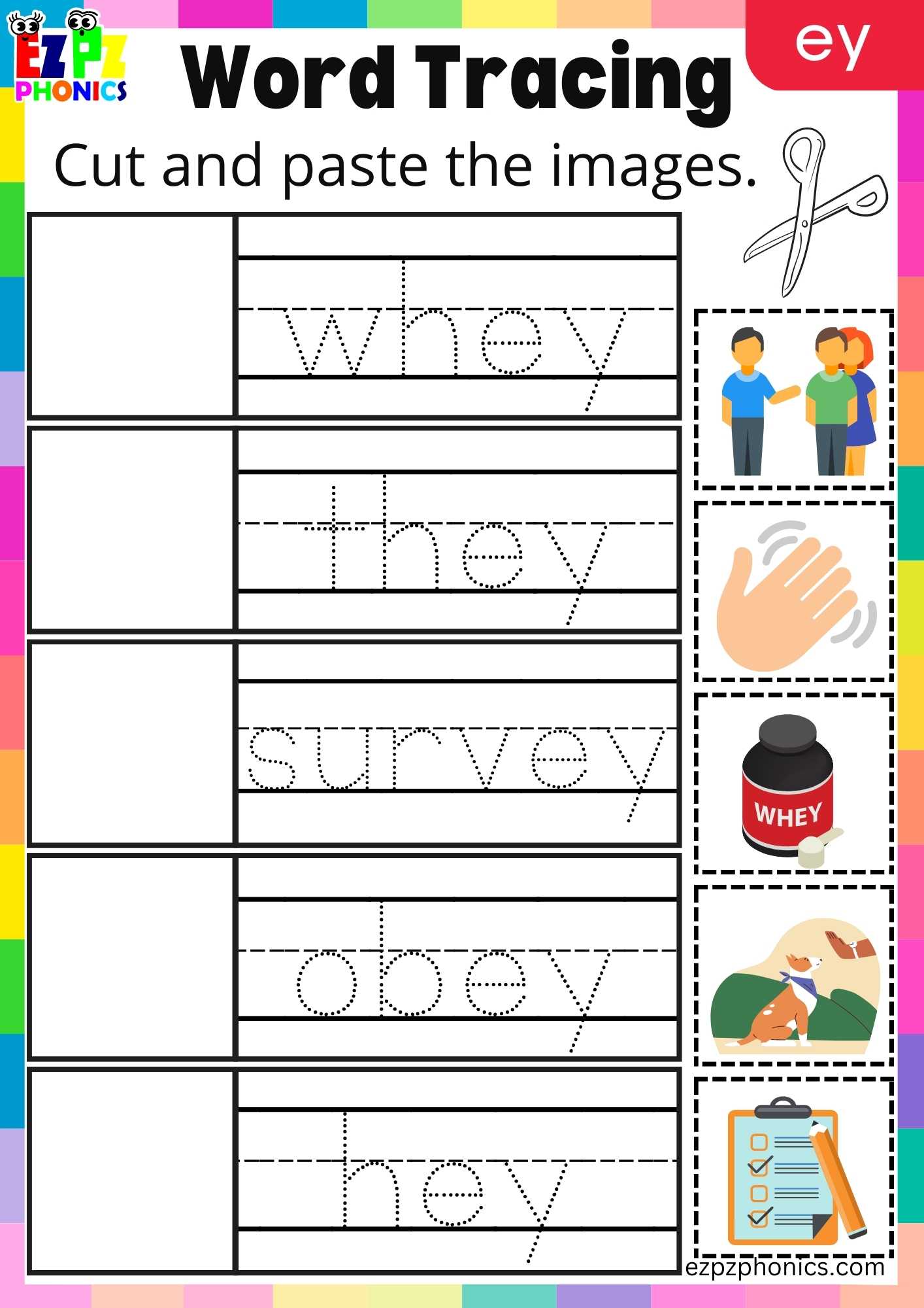 EY Words Cut And Paste The Images Long A Phonics Worksheet